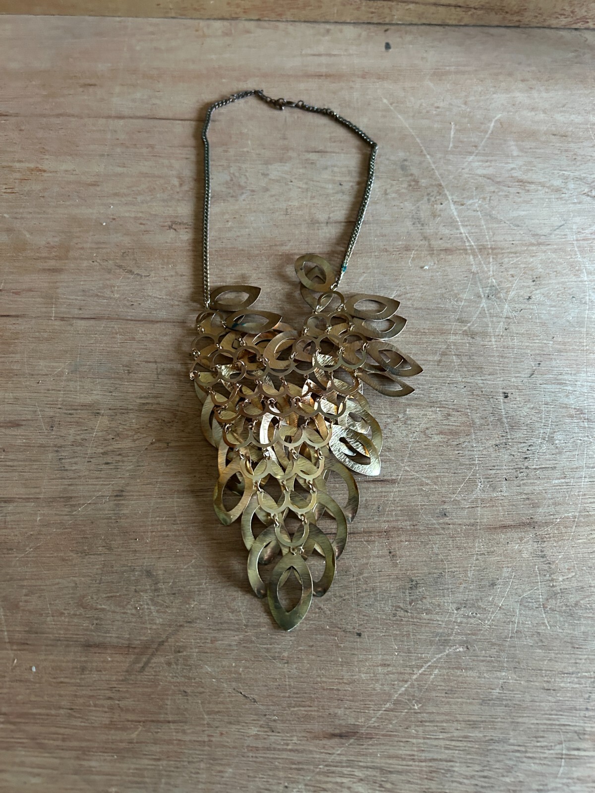 Bib Necklace Overlapping Dangling Layered Costume Teardrop Brass Tone Vintage