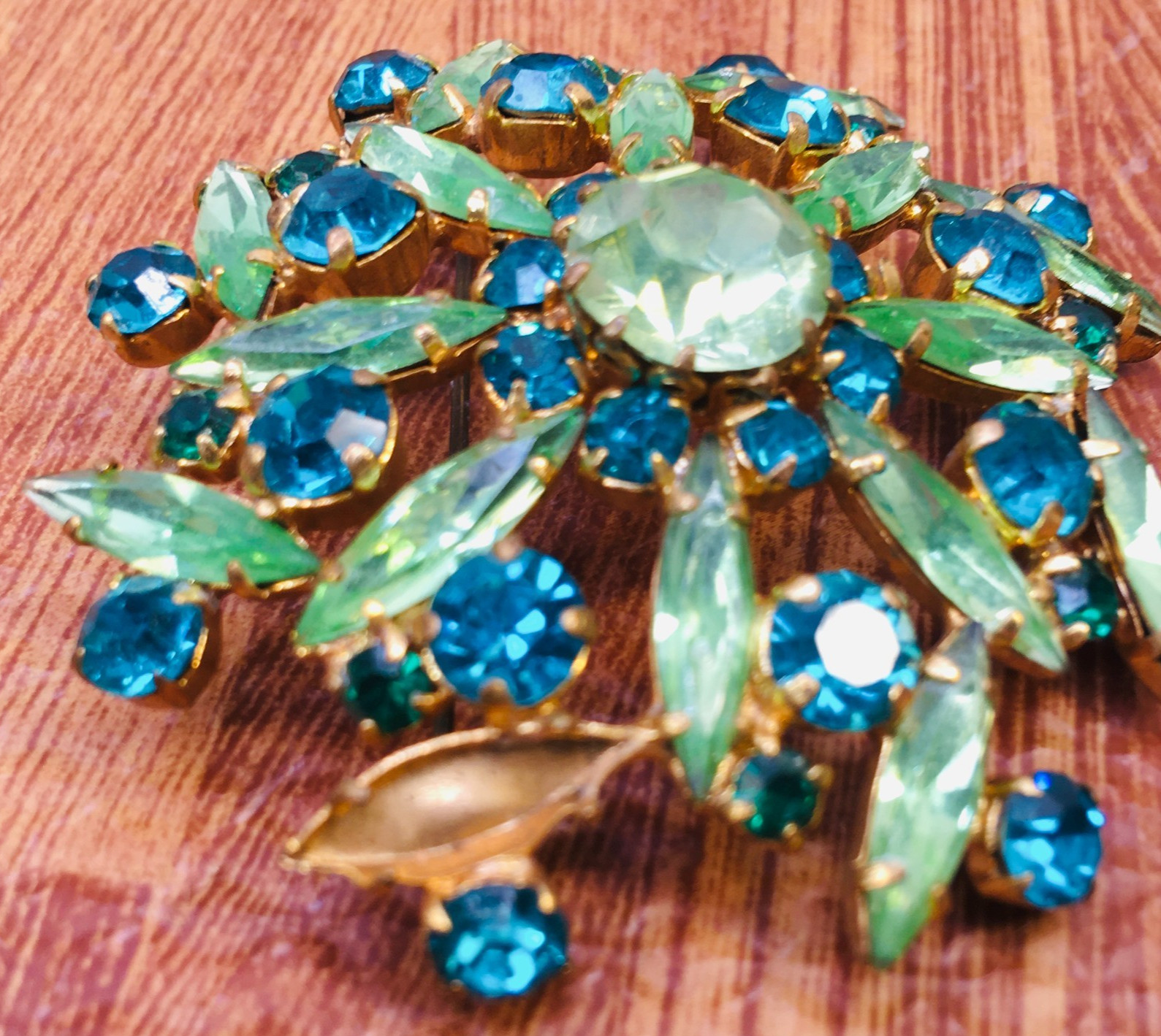 Vtg Austrian Brooch Dome Navette Apple & Dark Green Rhinestone Missing 1 Stone