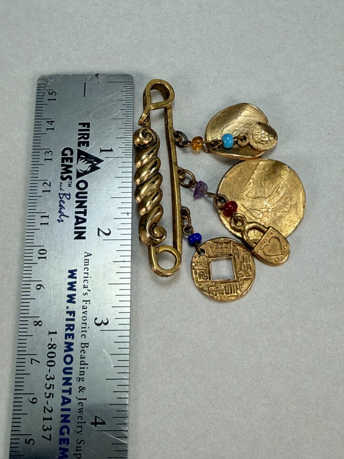 Vintage Brooch Pin Dangling Gemstone Crystal Coins