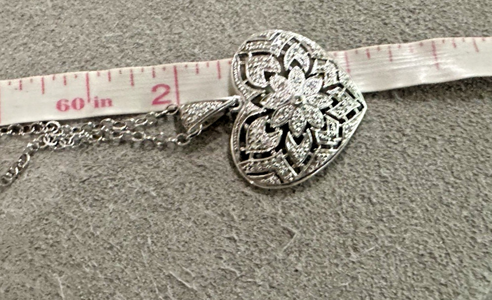 Vintage Sterling Silver Diamond Flower Heart Pendant Necklace 18″