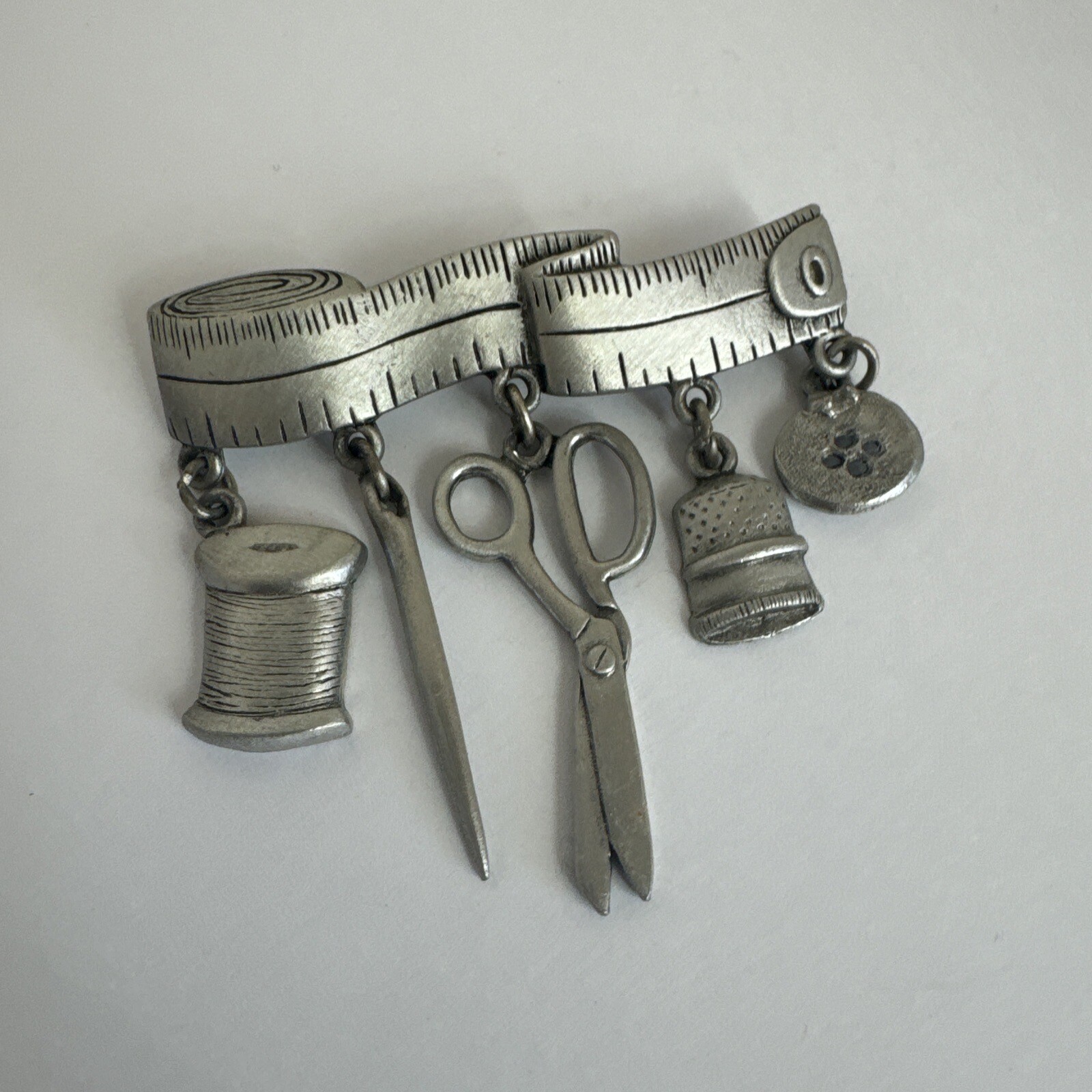 JJ Sewing Brooch Pewter Tape Measure With 5 Dangles