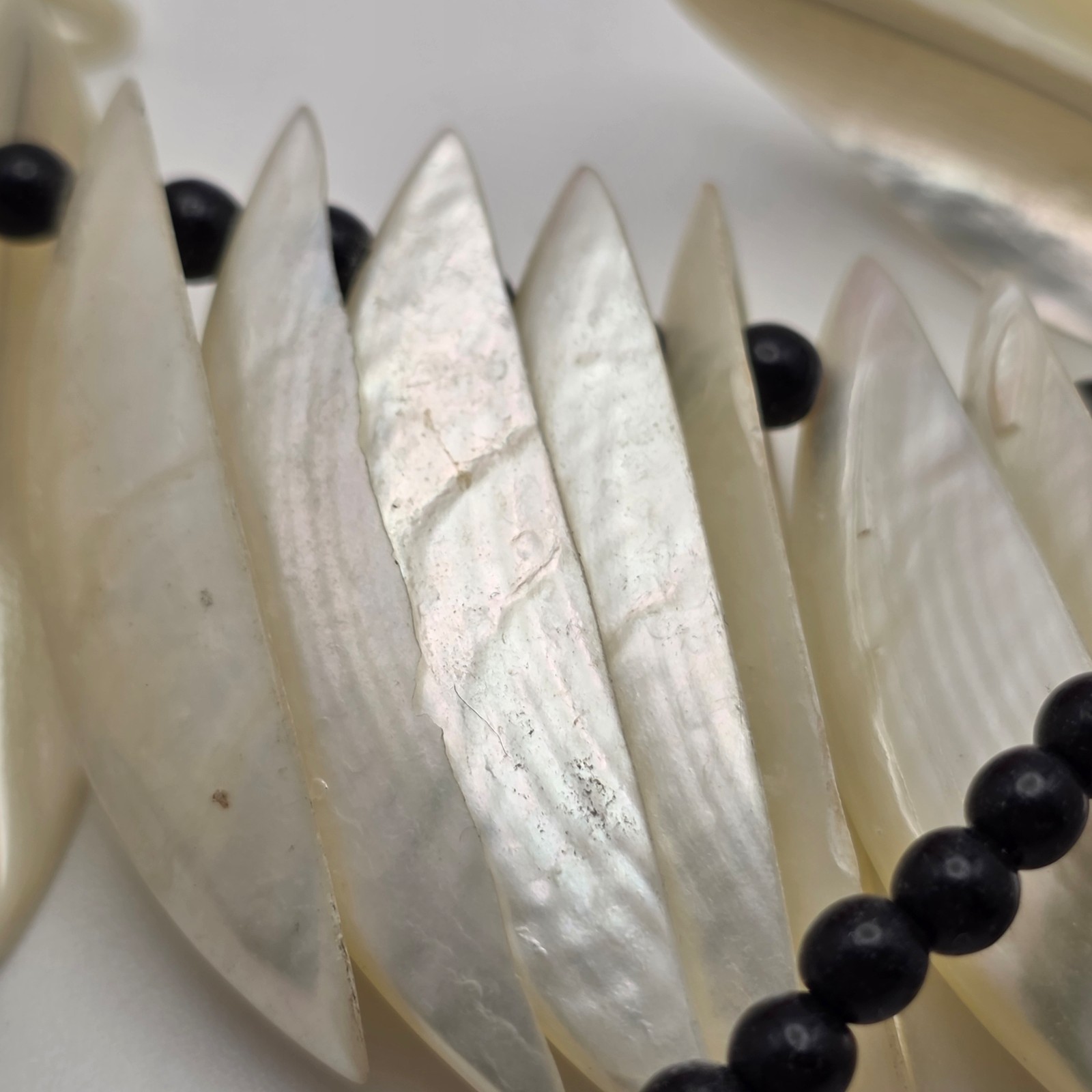 Vintage Mother Of Pearl Shell Fringe Bib Necklace Black Bead Tribal Boho 25″