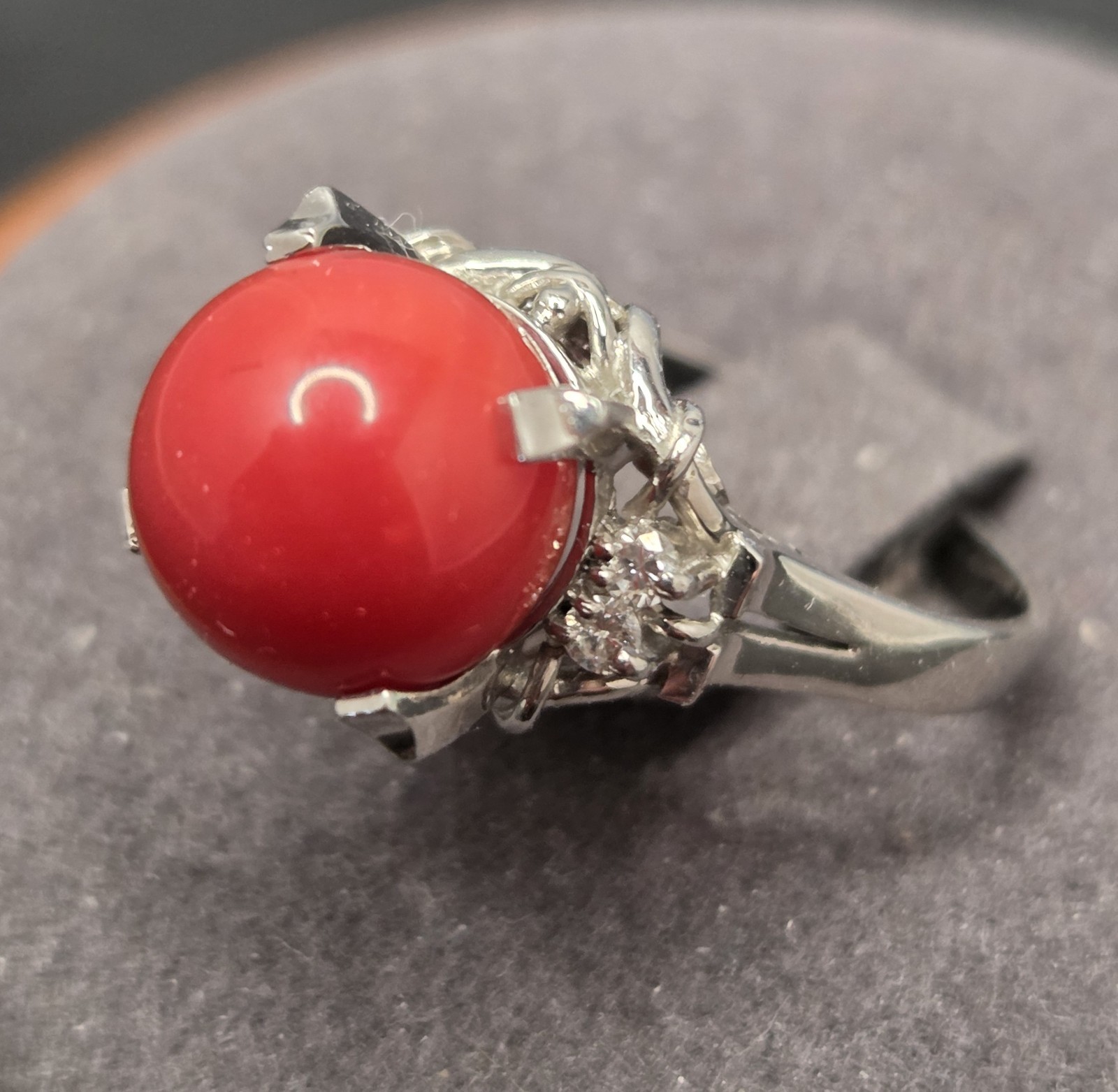 Antique 19th Century 900 Platinum Natural Coral & Diamonds Ring Sz 5-3/4