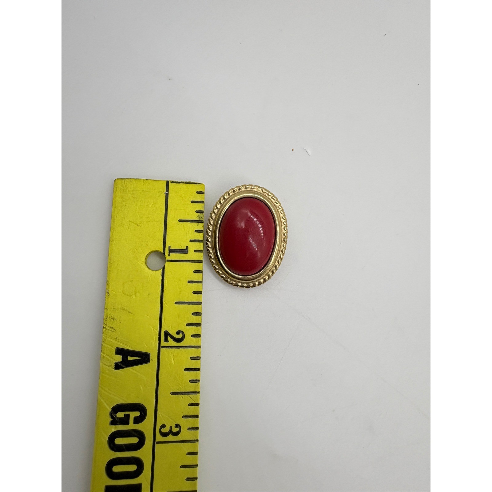 Vintage Gold Tone Red Cabochon Oval Brooch and Clip On Earrings Jewelry Set