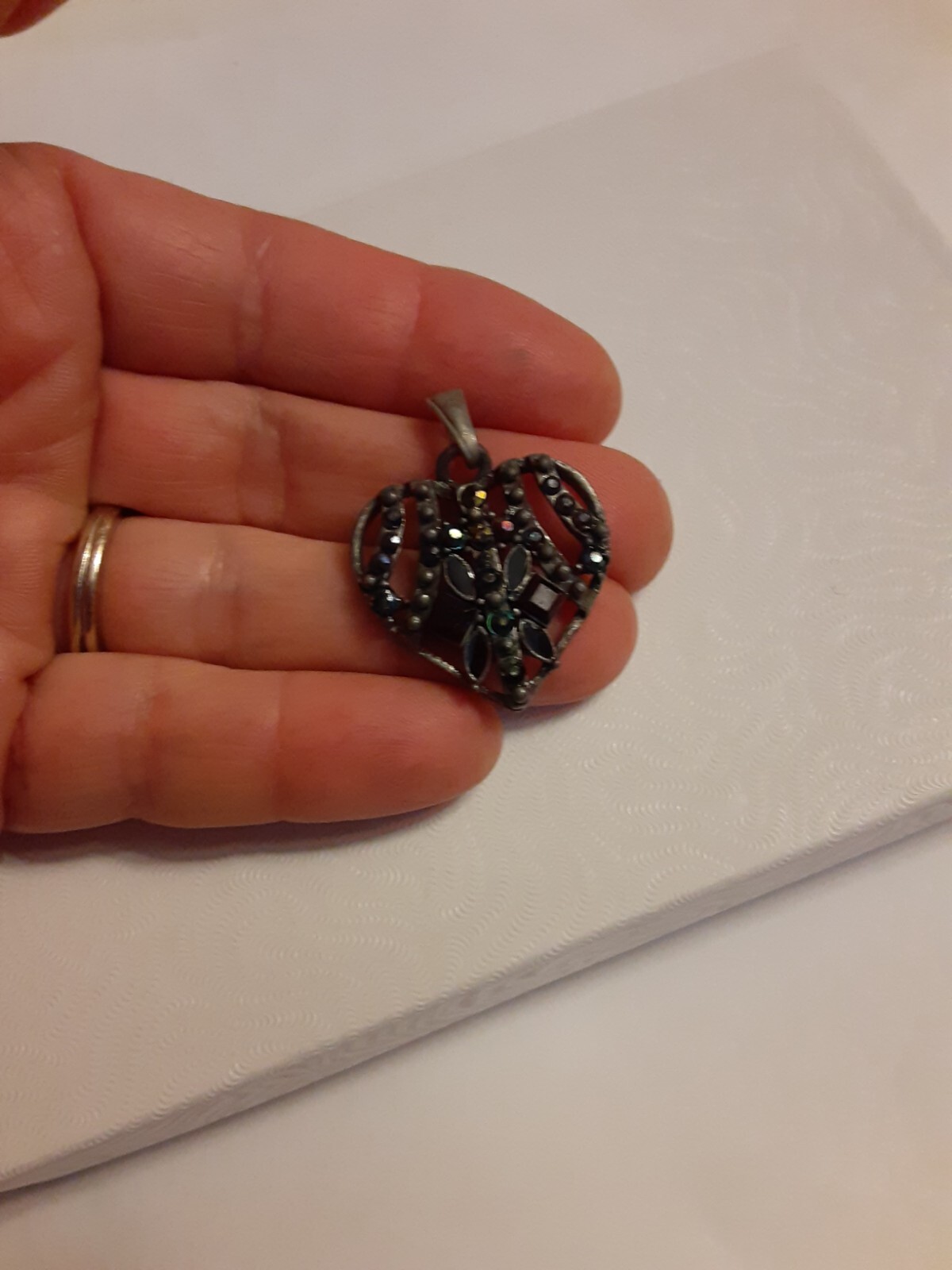 Vintage Pewter Openwork Pendant or Zipper Pull w/Enamel & Rhinestones