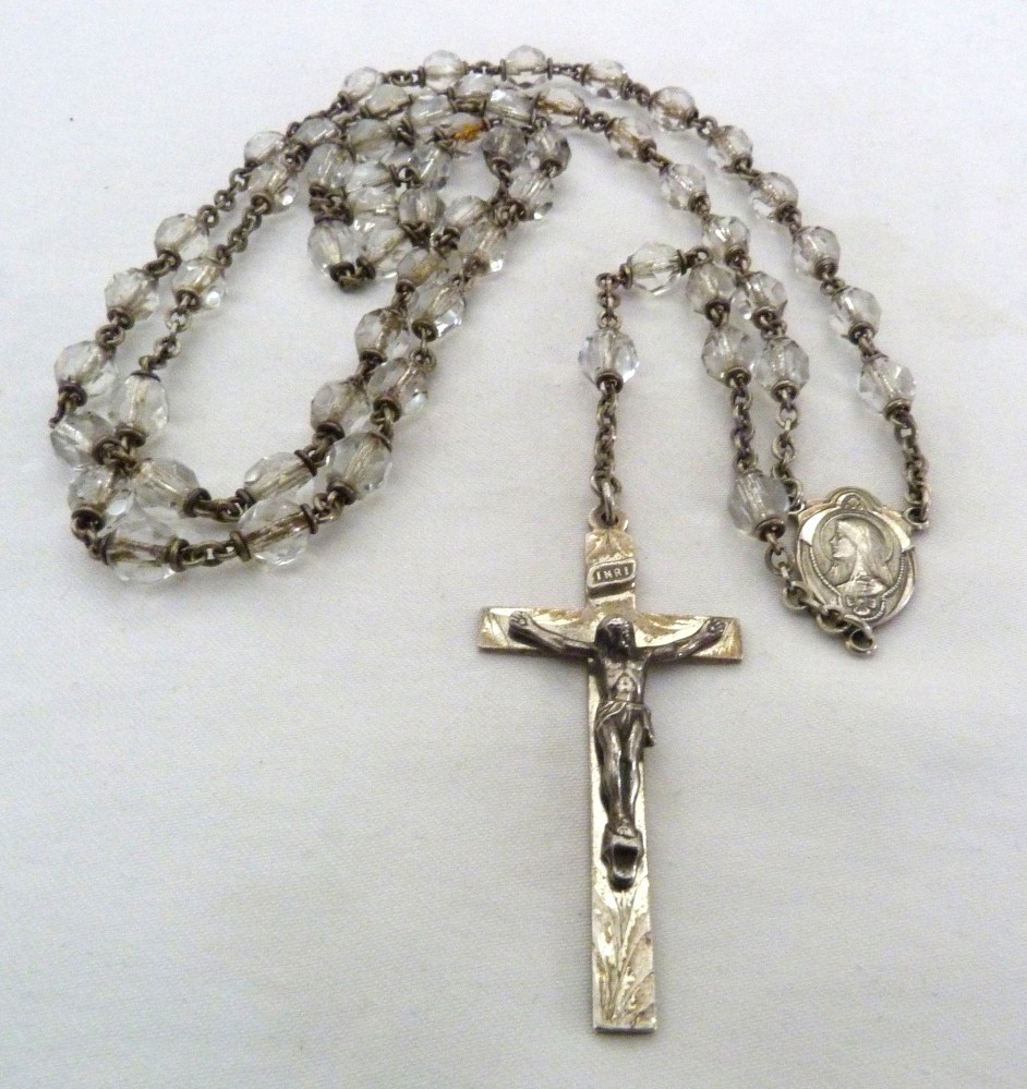 VINTAGE HMH STERLING SILVER SACRED HEART OF JESUS MARY CRYSTAL BEADS ROSARY