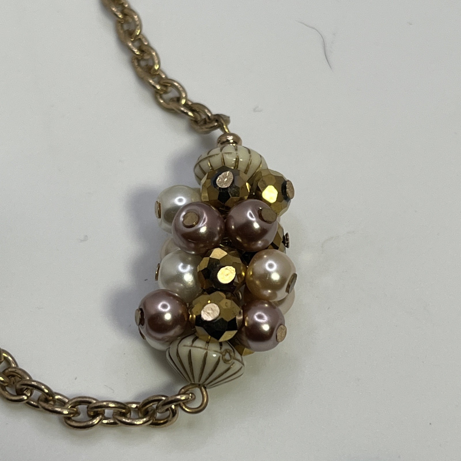 Vintage Glass Bead Puff Long Necklace Ivory Champagne Rose And Gold Tones 37-44”
