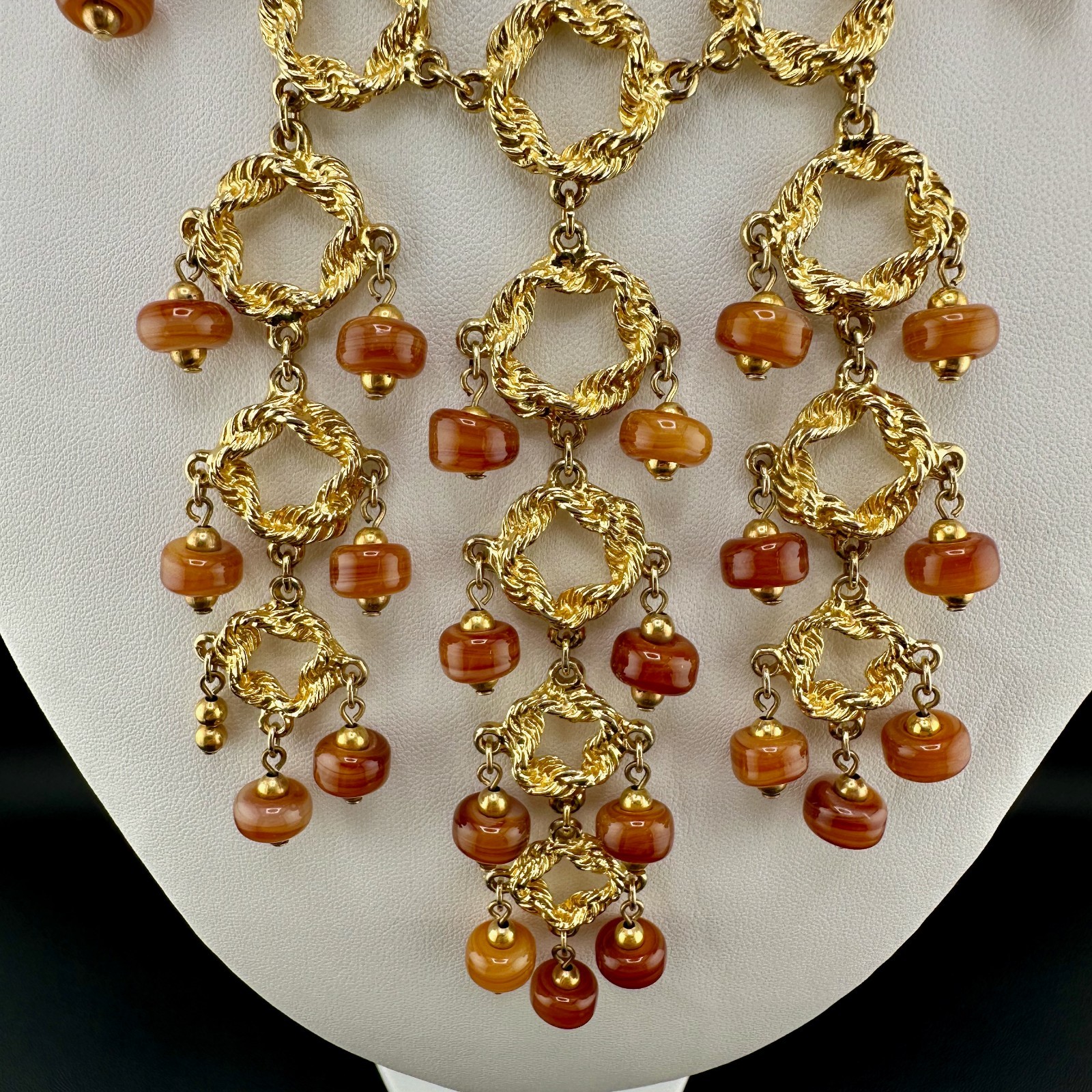 Vintage Statement Necklace Bib Fringe Hammered Gold Tone Link Agate Bead Dangles