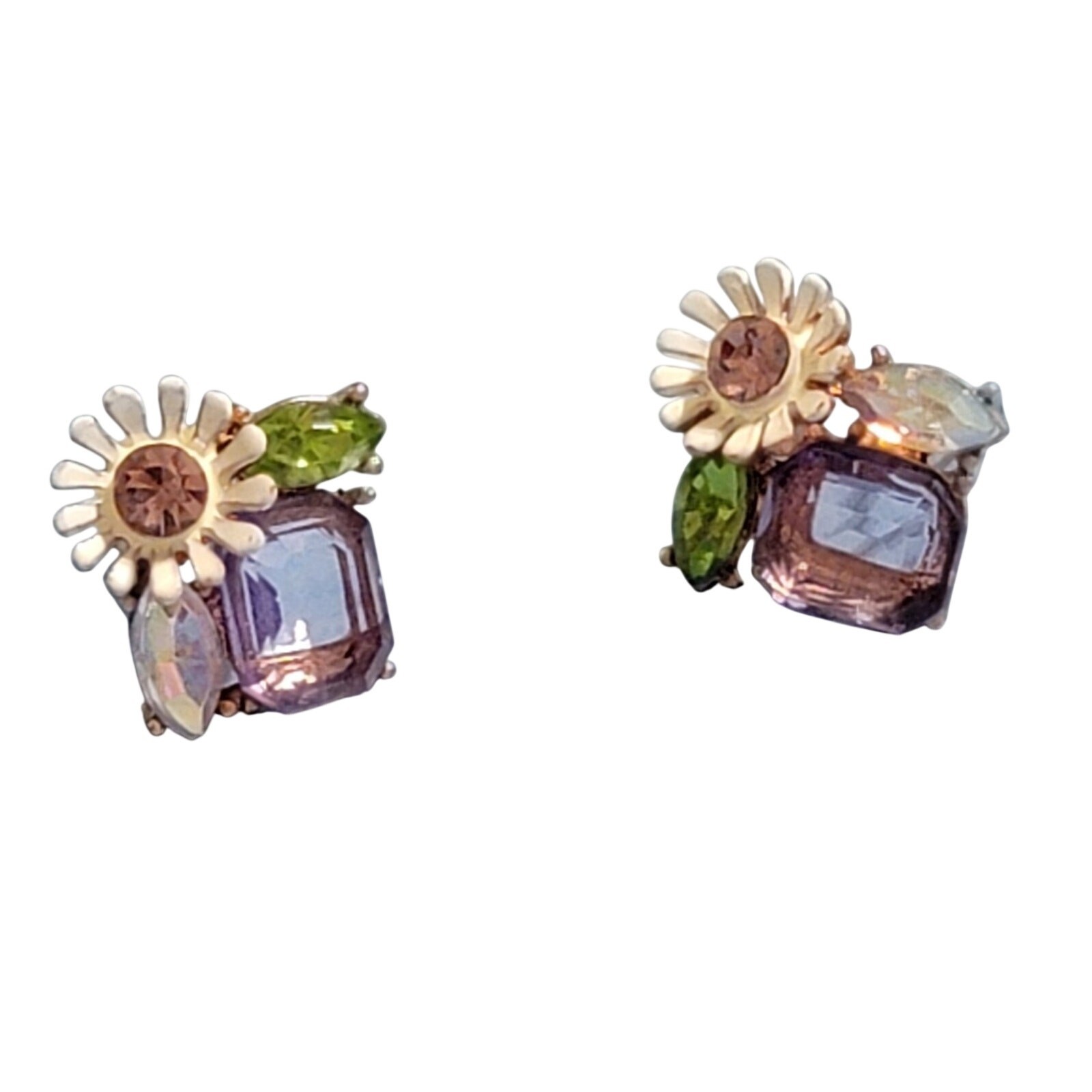 Vintage Flower Enamel Glass & Lucite Pierced Earrings Purple Green White bp-39