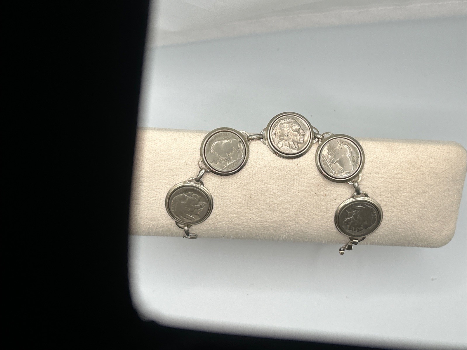 Vintage Indian Head Buffalo Nickel Coin Link Bracelet Silver Tone USA