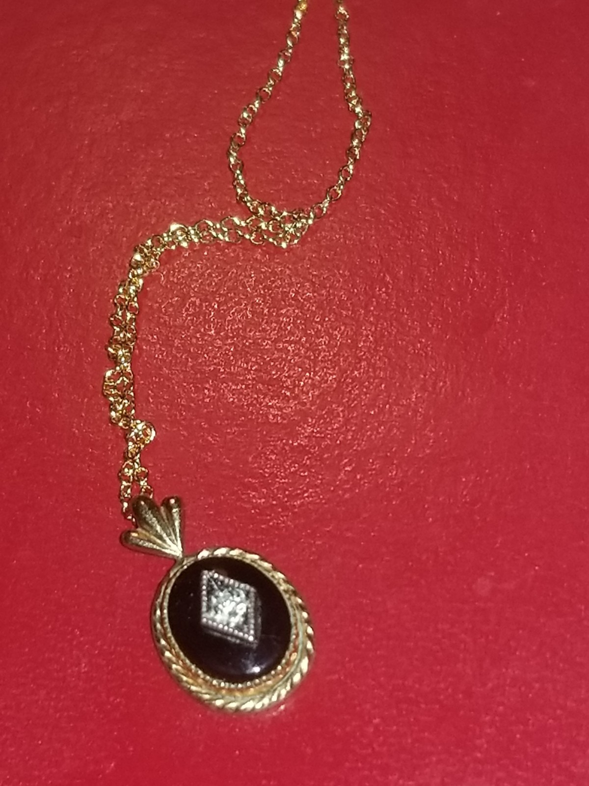 Antique Victorian Onyx And Diamond? Mourning 14k Gold Filled Pendant Necklace