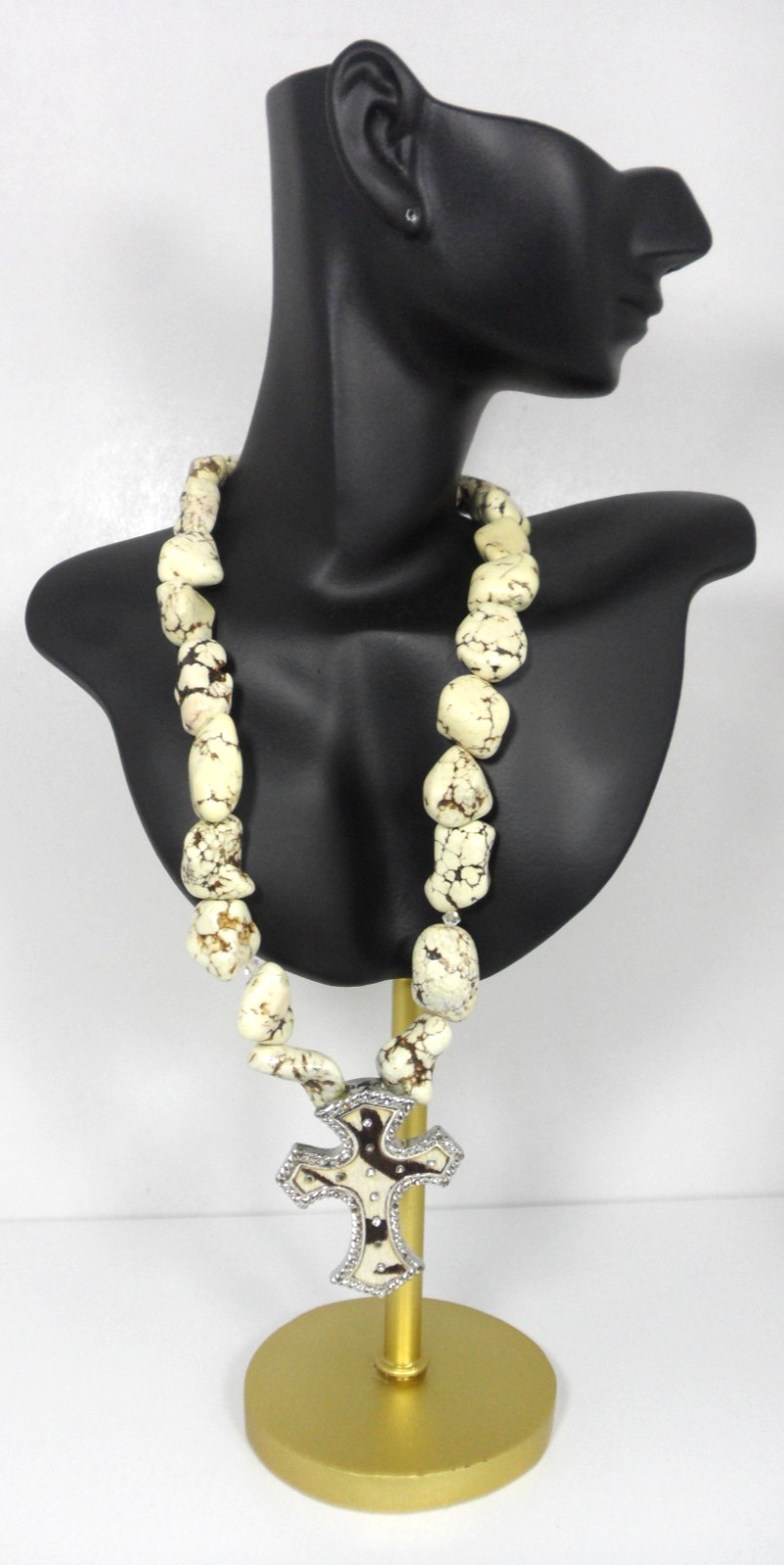 Cowhide Cross Pendant Necklace White Turquoise Nugget Beads Country Cow Girl Vtg