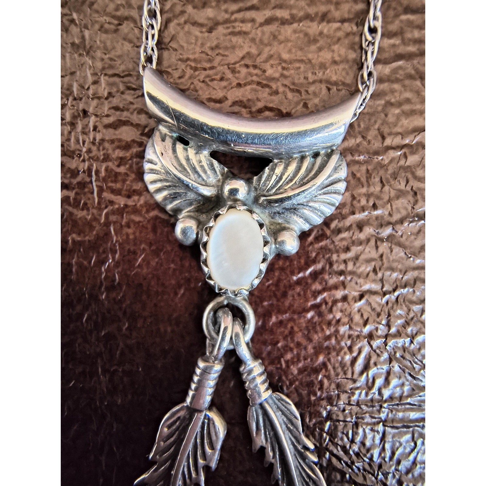 Vintage Sterling Silver Mother of Pearl Feather Pendant Necklace 925 Chain