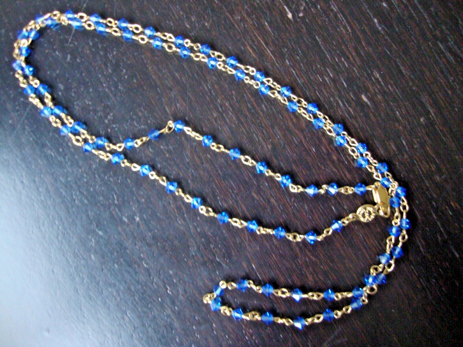 VINTAGE MINIATURE AUSTRIAN CRYSTAL SWISS BLUE CRYSTAL BEADS GOLD TONE NECKLACE