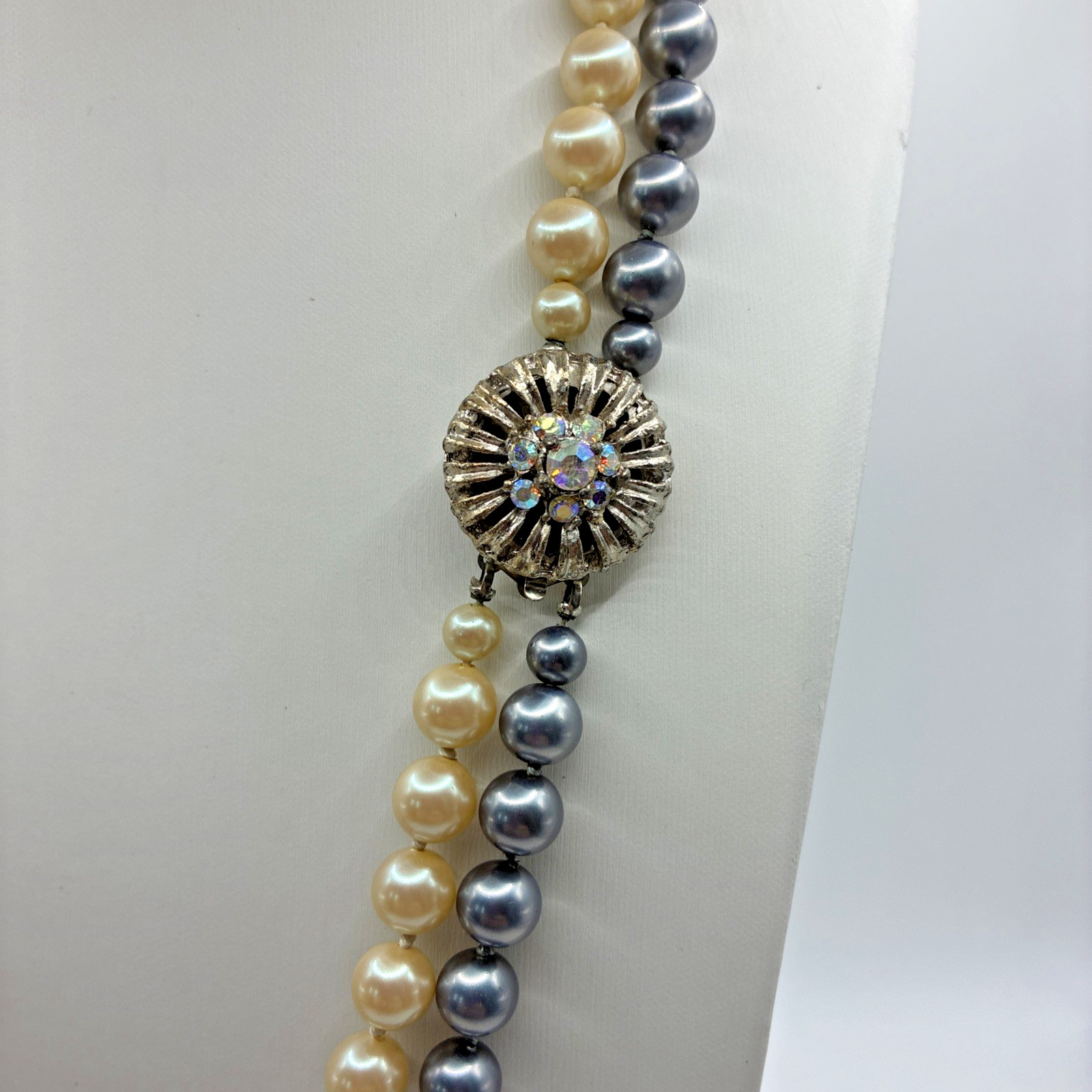 Vintage Double Strand Faux Pearl Necklace Hand Knotted Rhinestone Clasp Wedding