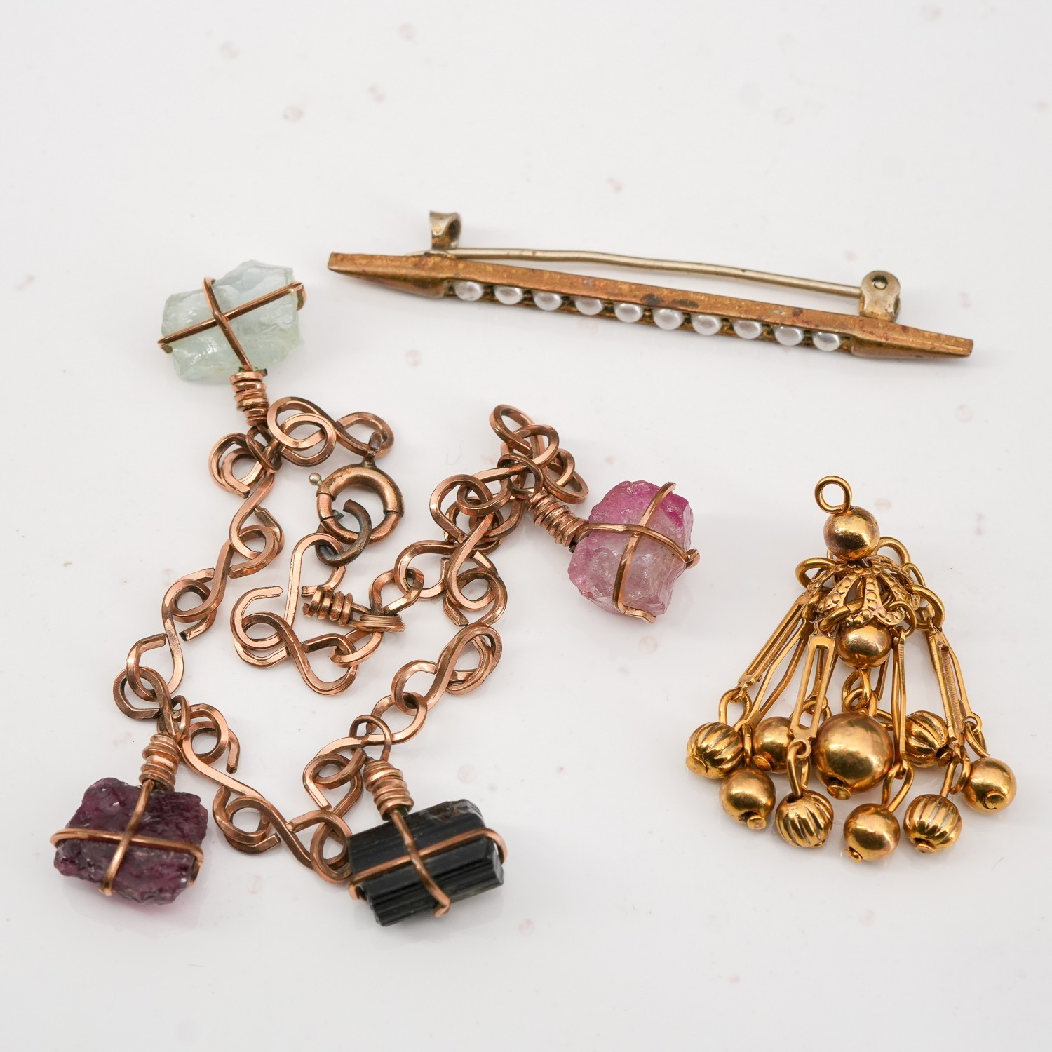 Vintage Raw Gemstone Charm Bracelet Lot | Pearl Bar Brooch & Brass Ball Pendant