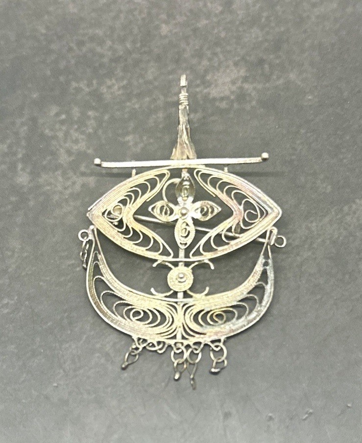 Vintage Sterling Silver Filigree Viking Ship Pin Pendant