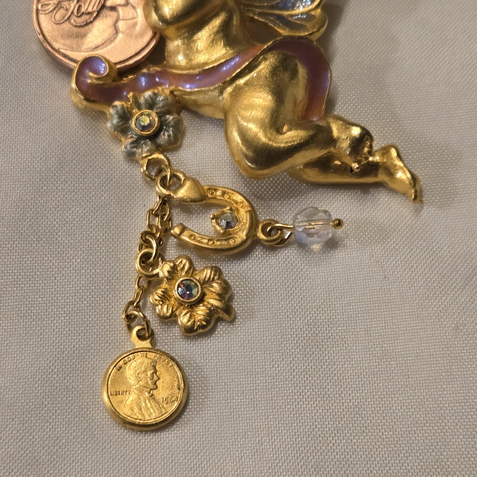 Vtg Kirks Folly Signed Lucky Penny Cherub Angel Rhinestone Gold Tone Brooch