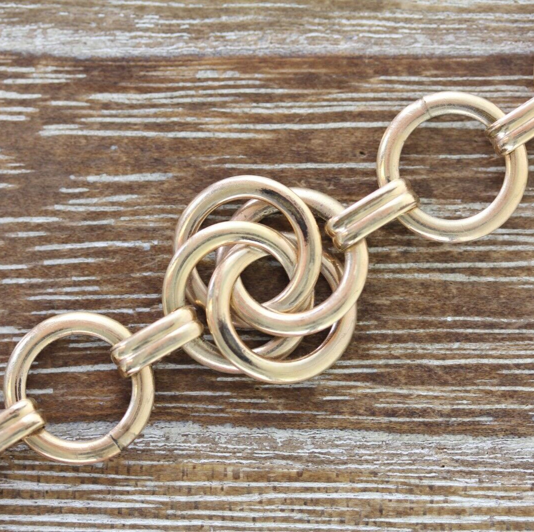 VINTAGE 1940s CIRCLE KNOT GOLD FILLED CHAIN LINK BRACELET 7.25″ RETRO STACK