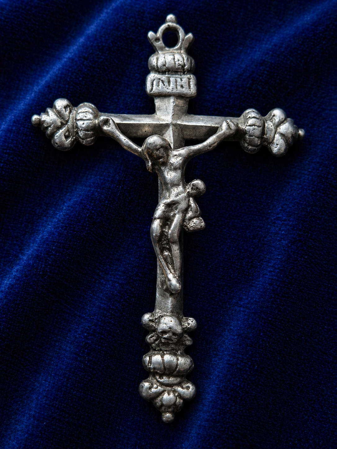 Large Antique Solid Silver Crucifix INRI Skull 18th Century Baroque Rare Religio