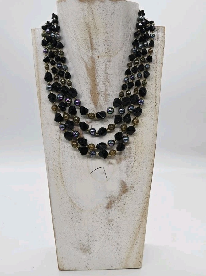 Peacock Colors Beaded Layered Necklace signed Japan Four Row Iridescent Vintage
