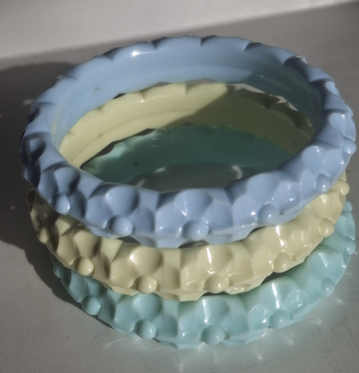 3 Lucite Vintage West Germany Pastel Bangle Bracelets – Green Yellow Blue