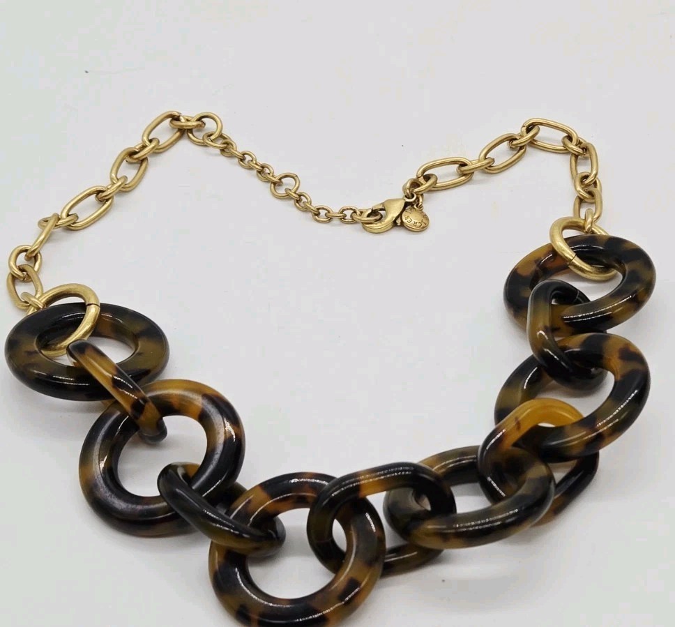 J.Crew Tortoise Shell Necklace Acrylic Chunky Chain Link Rings Gold tone 19 in