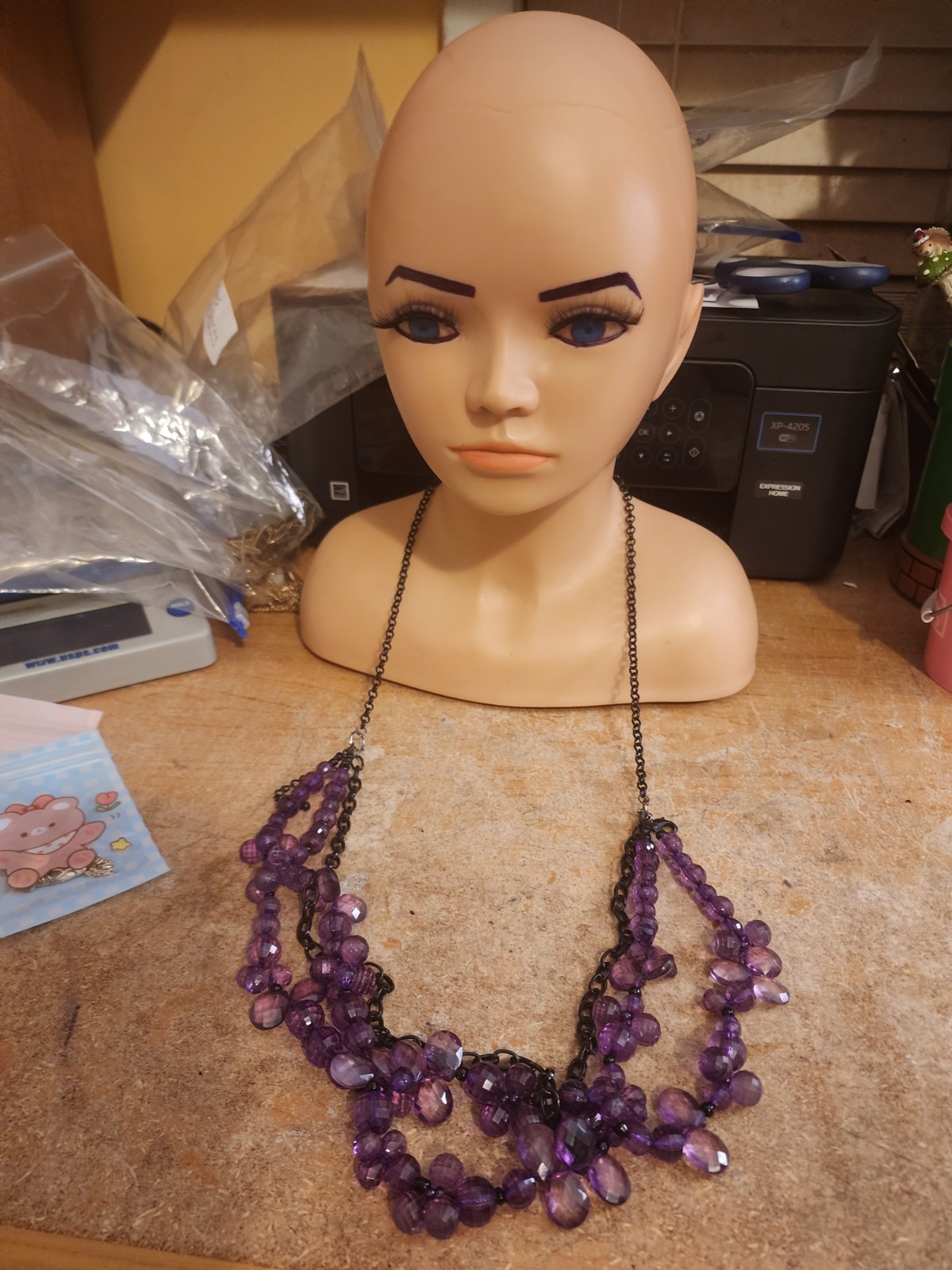 Long Glass Bead Necklace Purple Blue Wrap Multi Strand Vintage