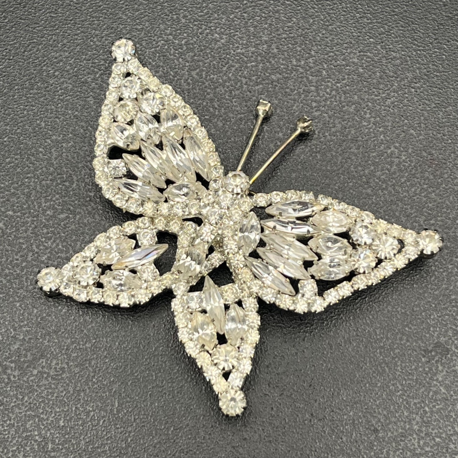 Mid Century Rhinestone Butterfly Brooch Silver Tone Navette Wings