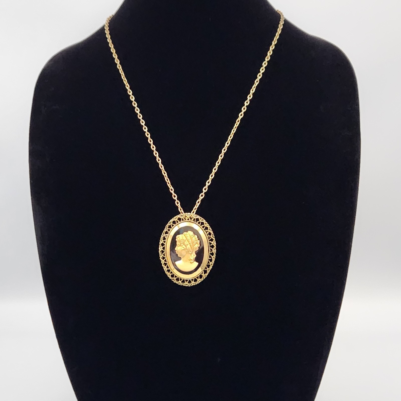 Vintage 50s Gold Tone Chain w/ Black Glass Cameo Pendant/ Brooch & Earrings Set