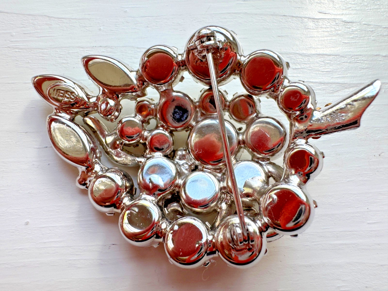 VTG Weiss Brooch Rhinestone Grapes Cluster Pin Silver Tone MCM 1950s 60s Costume