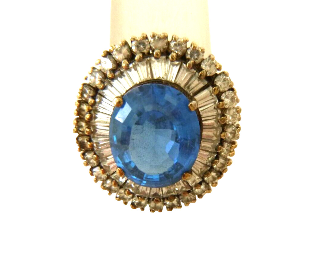 Signed db Vintage Blue Topaz Ring White CZ Baguettes 925 Sterling Silver Sz 6.75