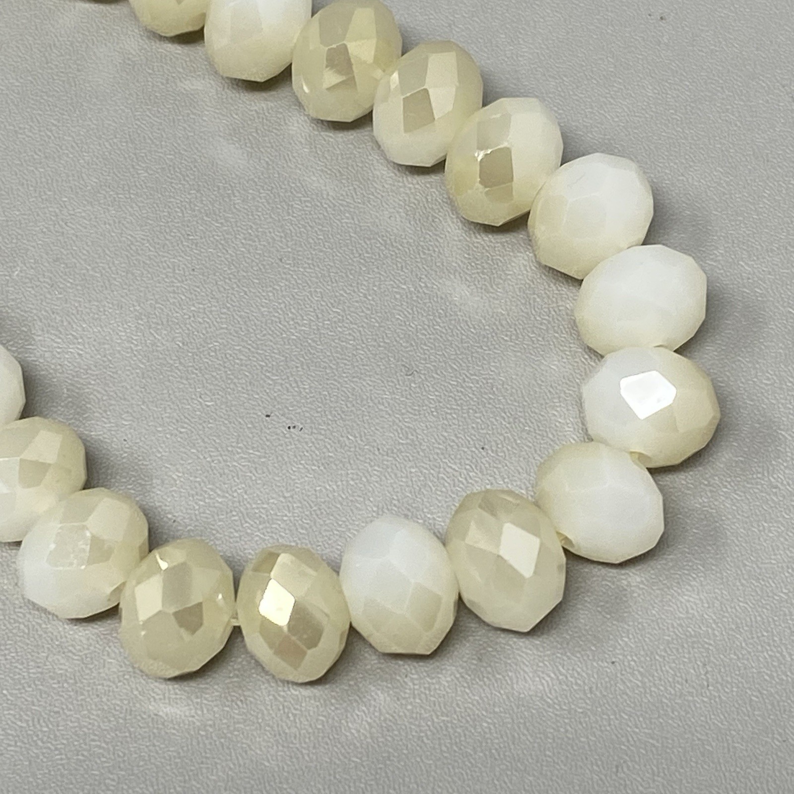 White Glass Beaded Bracelet Fire Polished Iridescent Faceted Stretch Elastic 7″
