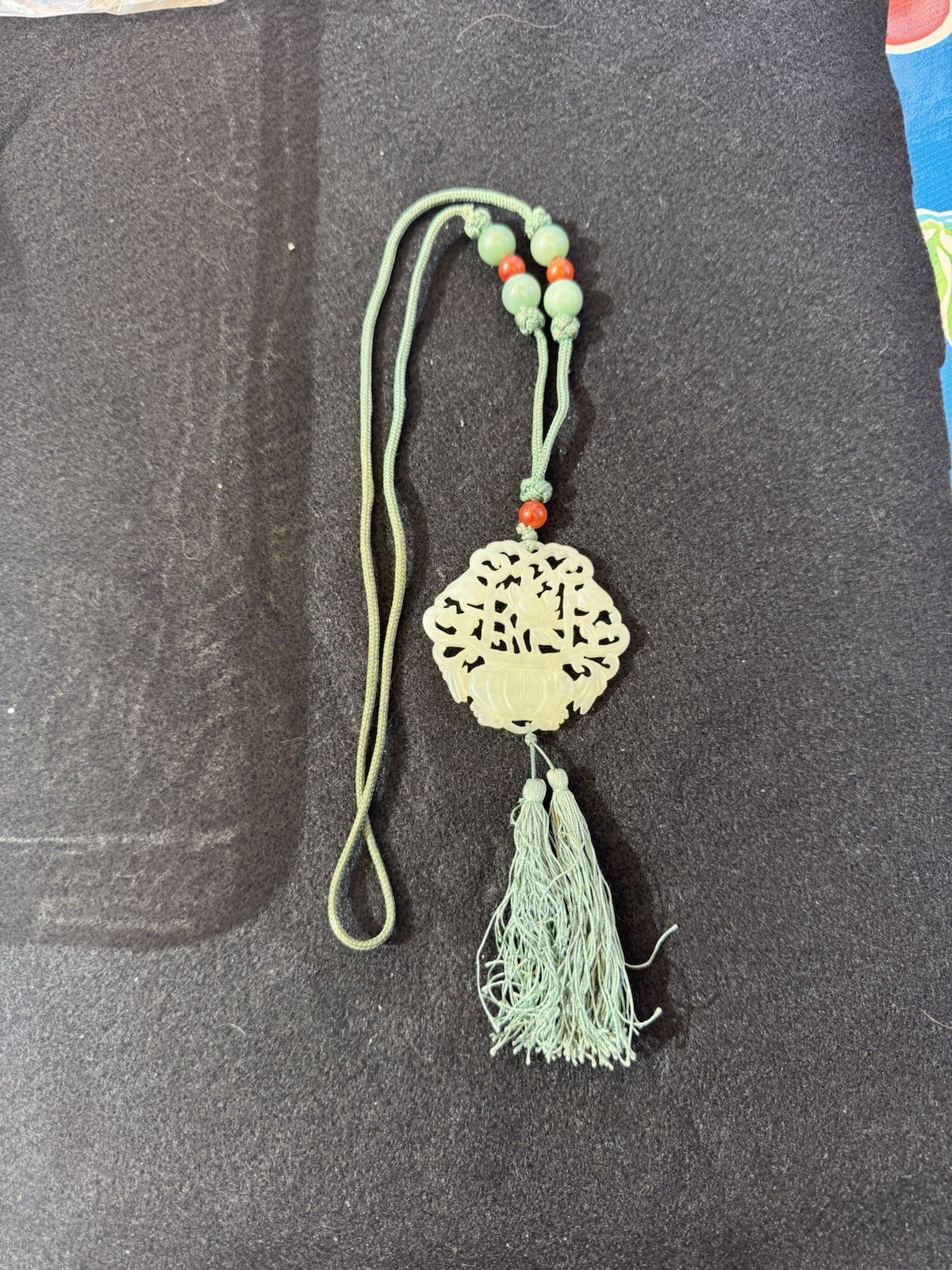 Vintage Carved Jade Flower Pot Necklace Bowenite