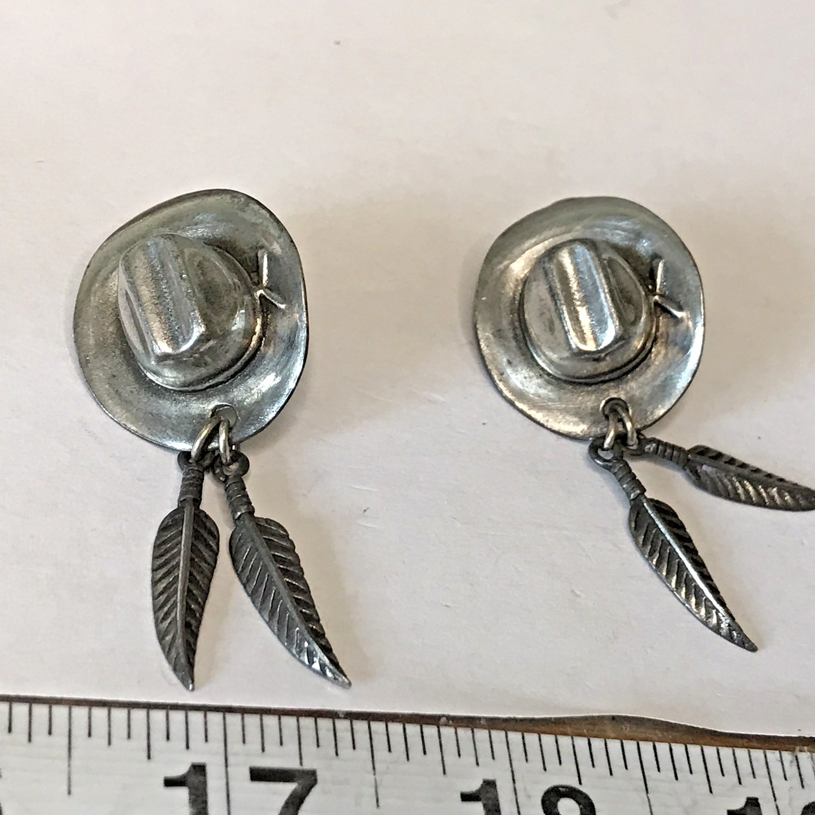 Vintage South Western 1992 Cowboy Hat with Feather Pewter Stud Earrings