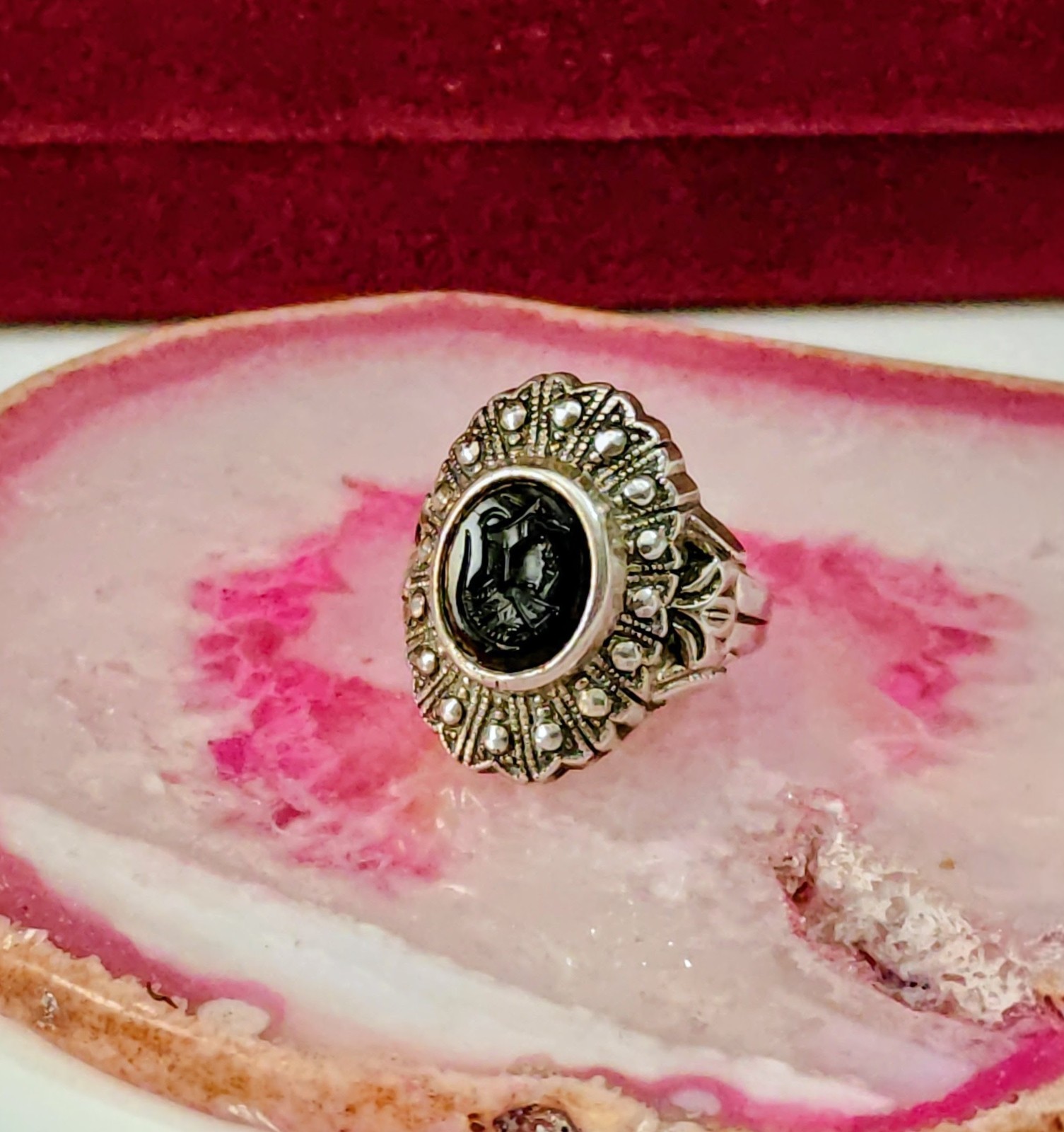 Vintage Art Deco Nouveau Black Onyx Spartan Silver Unmarked Ring Size 5
