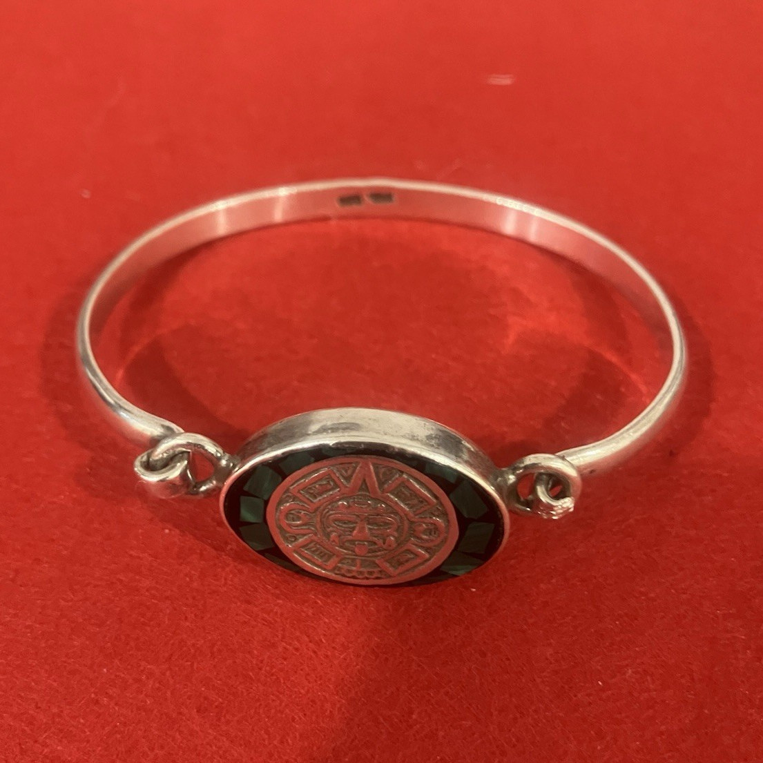 Vintage Silver Aztec Medallion Bangle Bracelet w/ Inlay Hook Closure