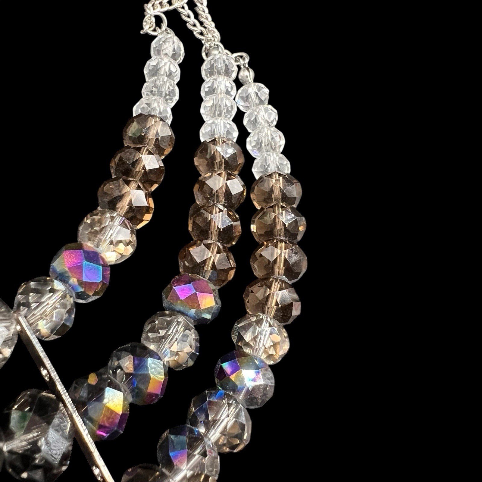 3 Strand Beaded Crystal Necklace Faceted AB Graduating Lustrous Brown Clear