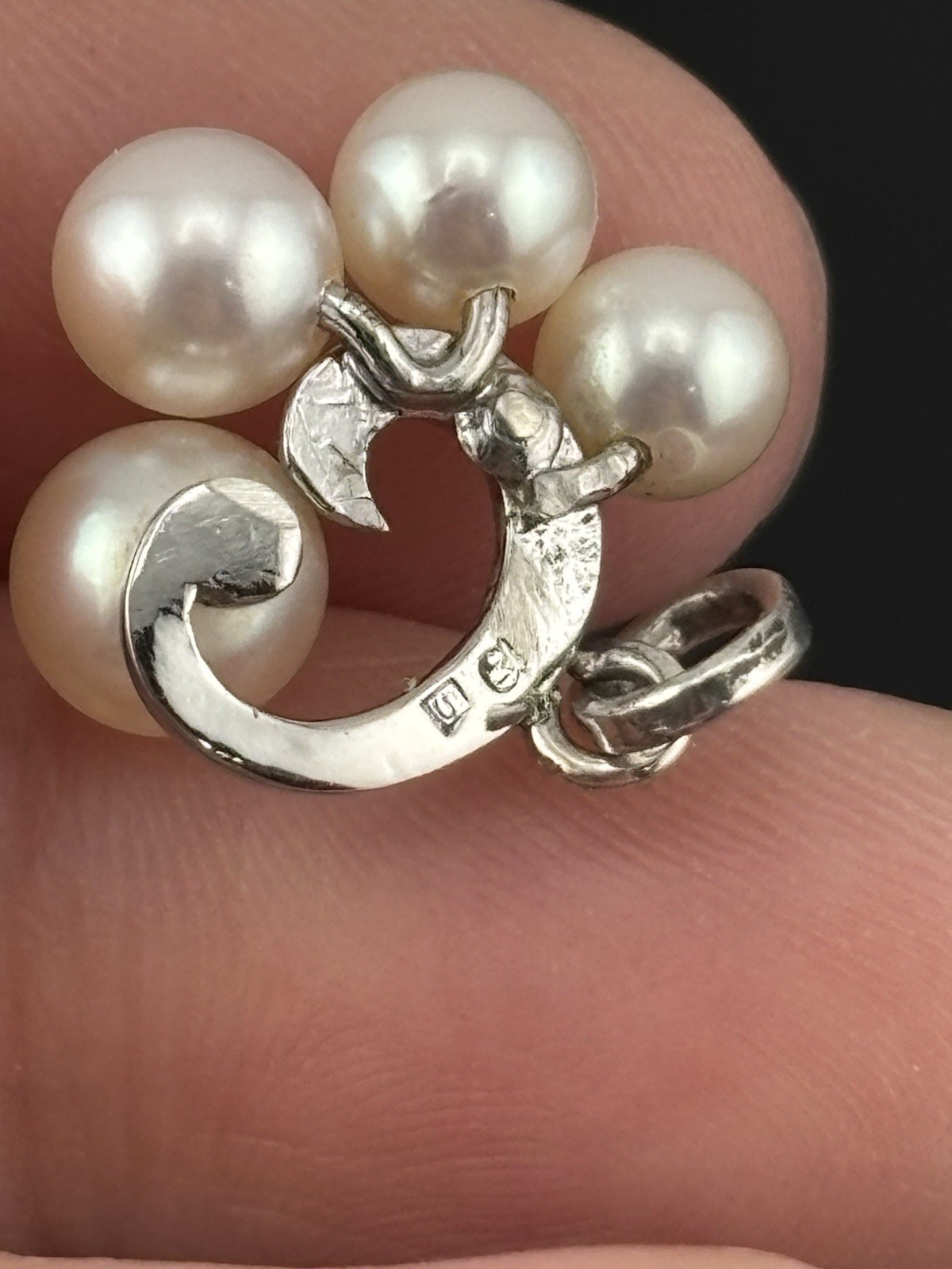 Vintage Sterling Silver Mikimoto Akoya Pearl Pendant 4 Pearls Swirl Charm .75″