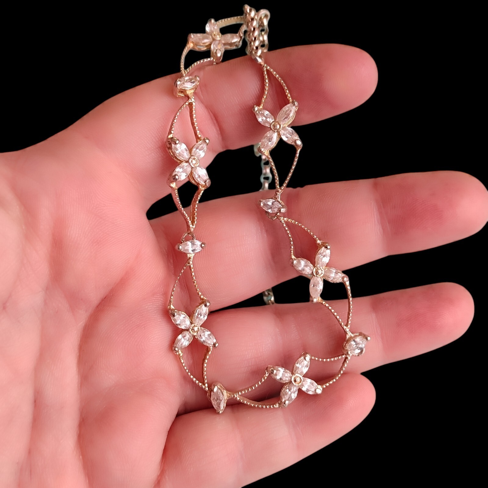 Chapel Inc. NF Sterling Silver 16.5in CZ Flower Star Link Statement Necklace 925