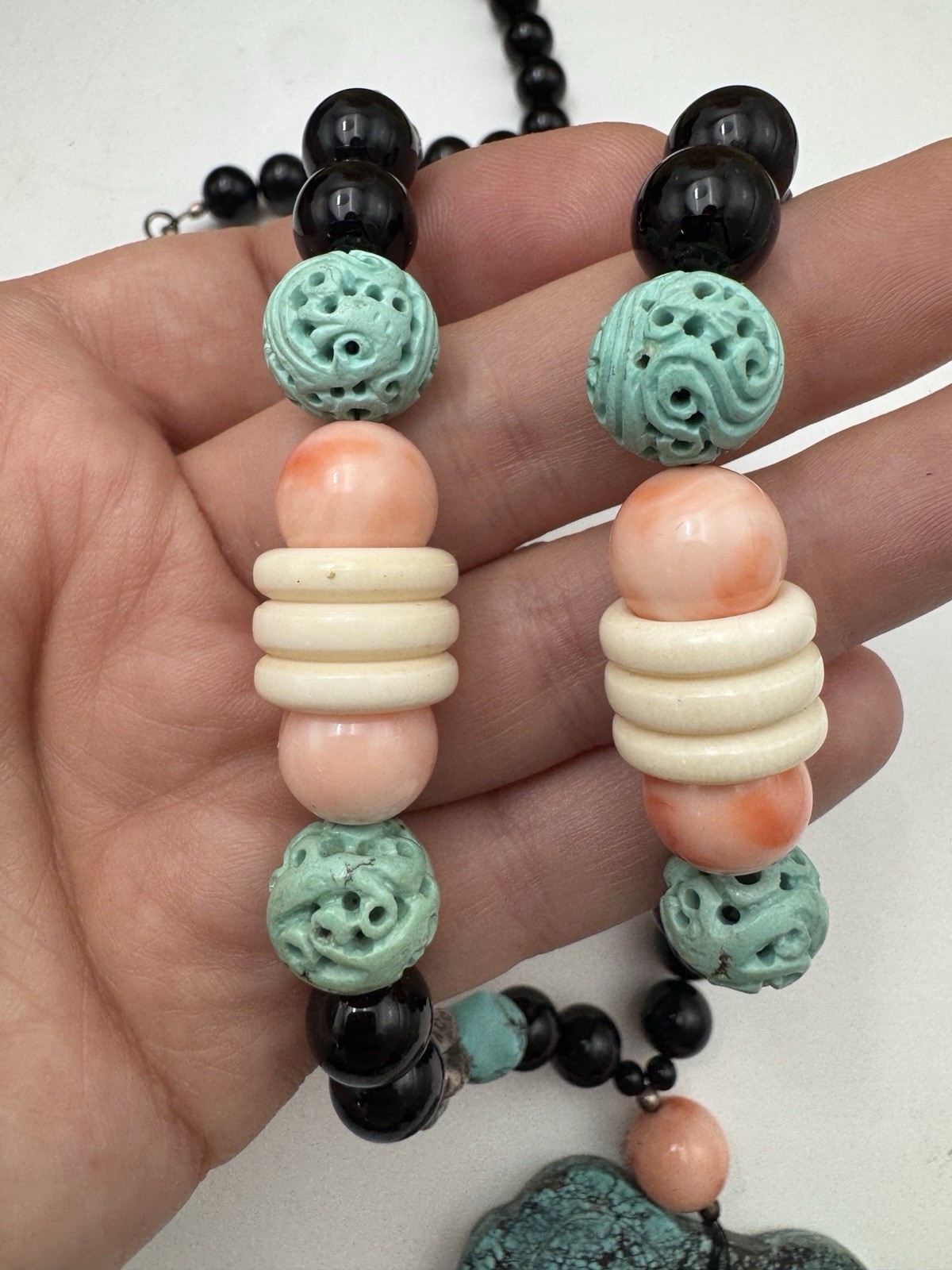 Large Chinese Longevity Pendant Necklace Coral Onyx Double Happiness 144g