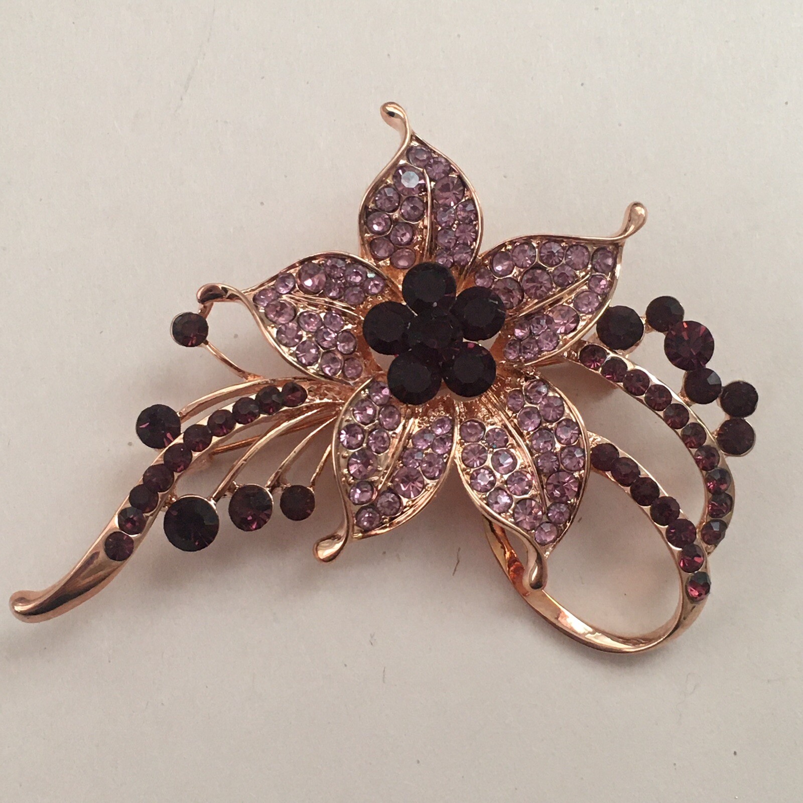 Vintage Brooch Flower Rhinestones Gold Pin Nature Floral Purple Plants Beautiful