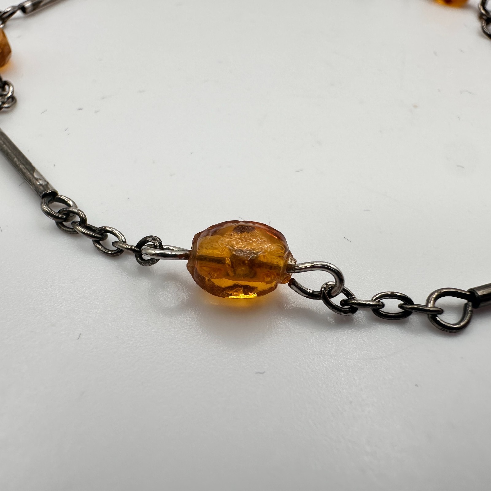 Vintage 90s Amber Beaded Bar Link Chain Bracelet Bronze Tone Women’s Jewelry