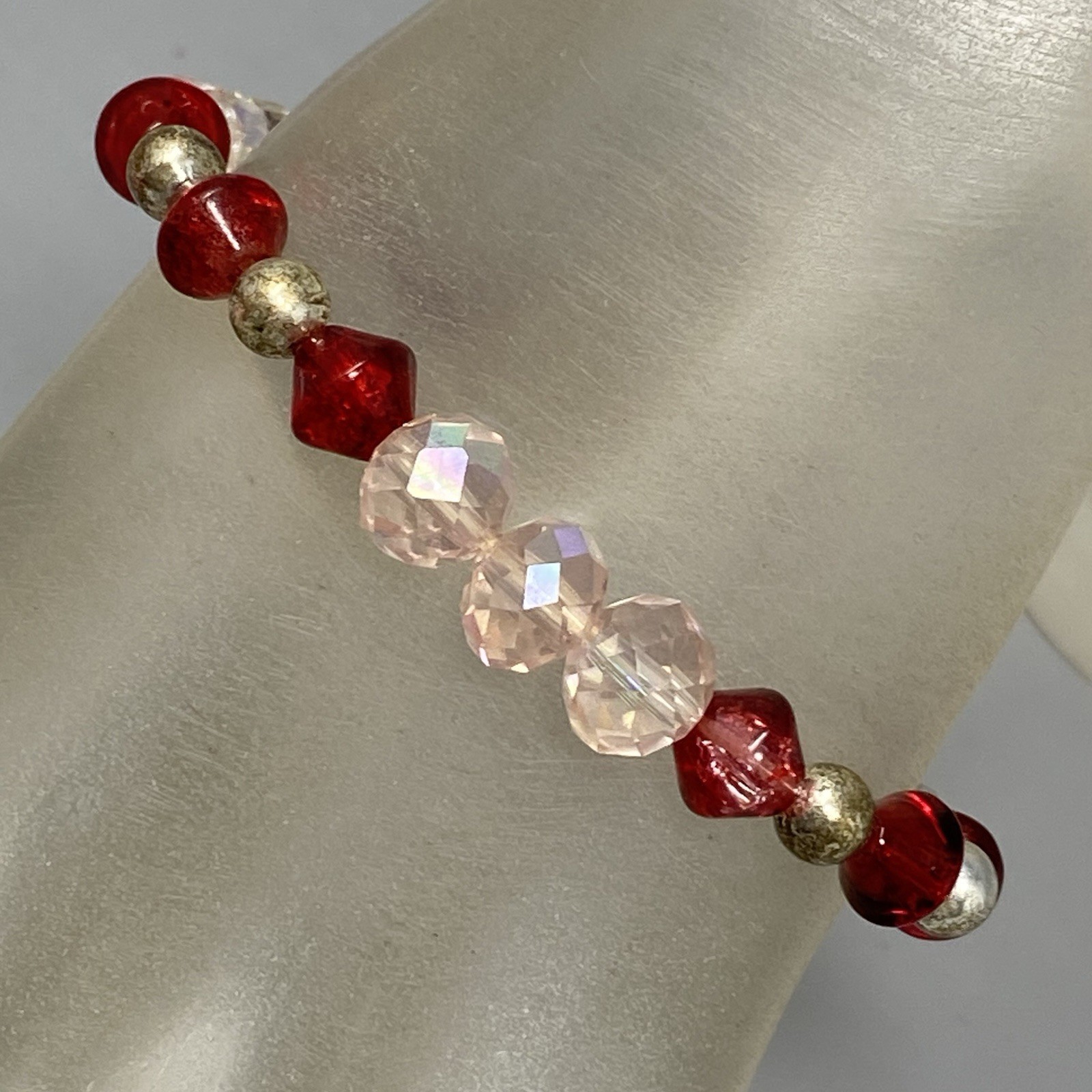 Glass Bead Bracelet Red Clear Pink Fire AB Coated Iridescent Bicone Stretch 7″