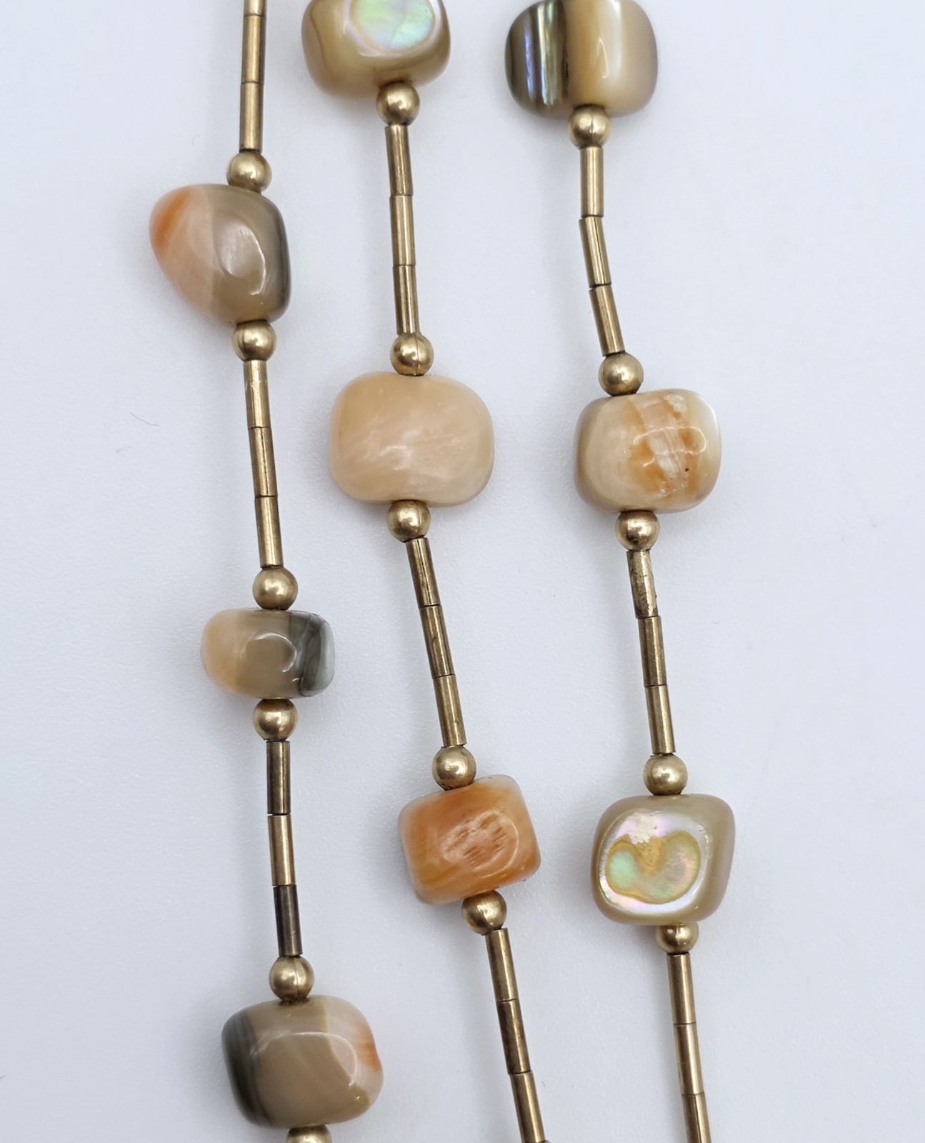 Vintage 3 Strand Liquid Gold Tone Necklace Abalone Mother of Pearl Agate Hook