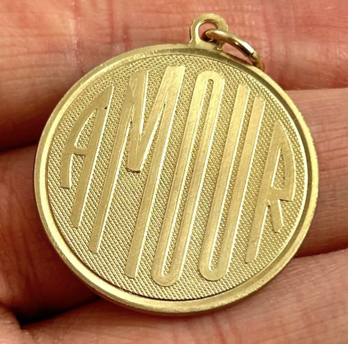 Vintage French Love Charm Amour Medallion Pendant Brass Metal Jewelry Gift
