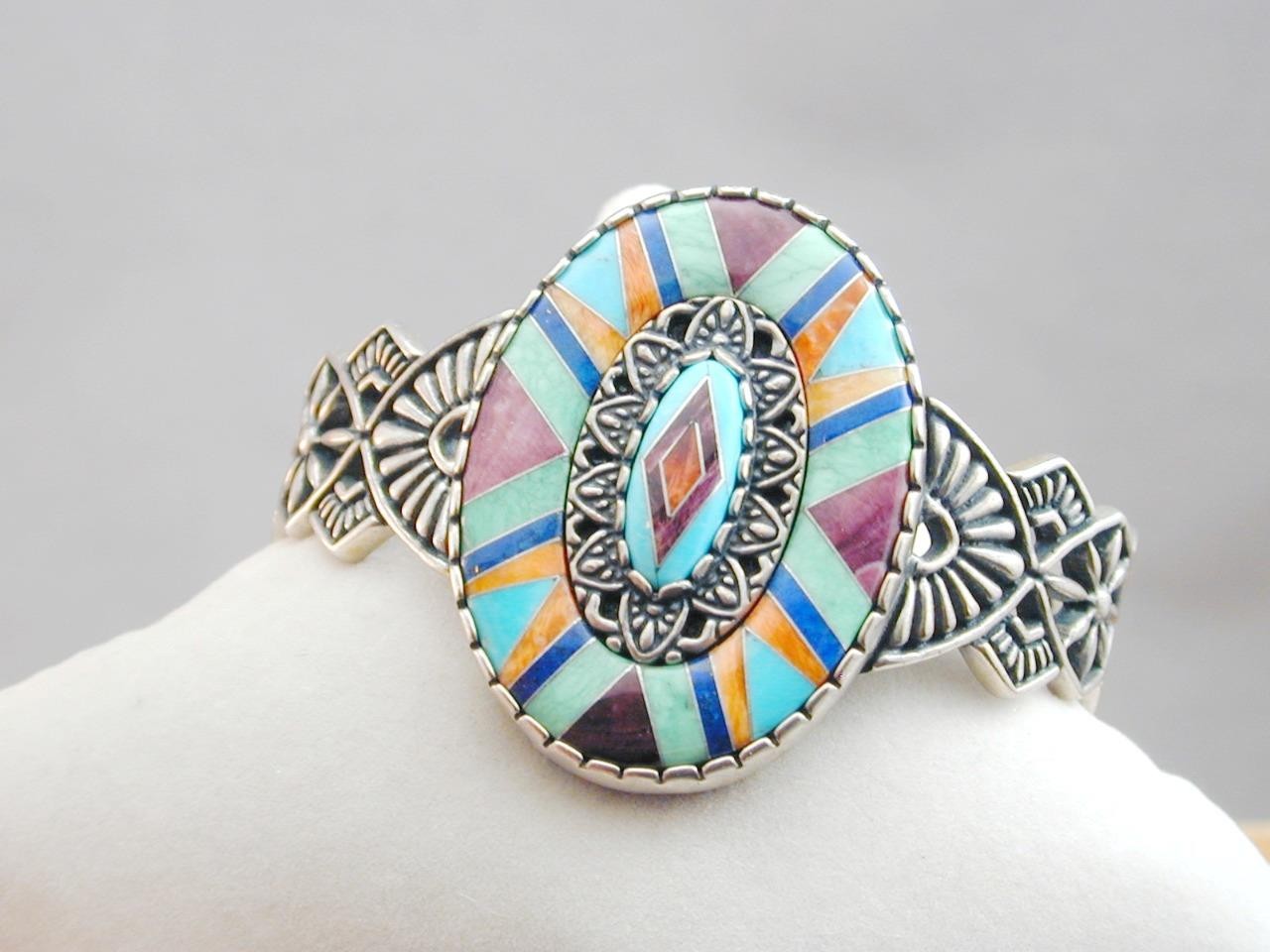 HUGE Carolyn Pollack Relios Sterling Ornate Multi Gemstone Inlay Cuff Bracelet