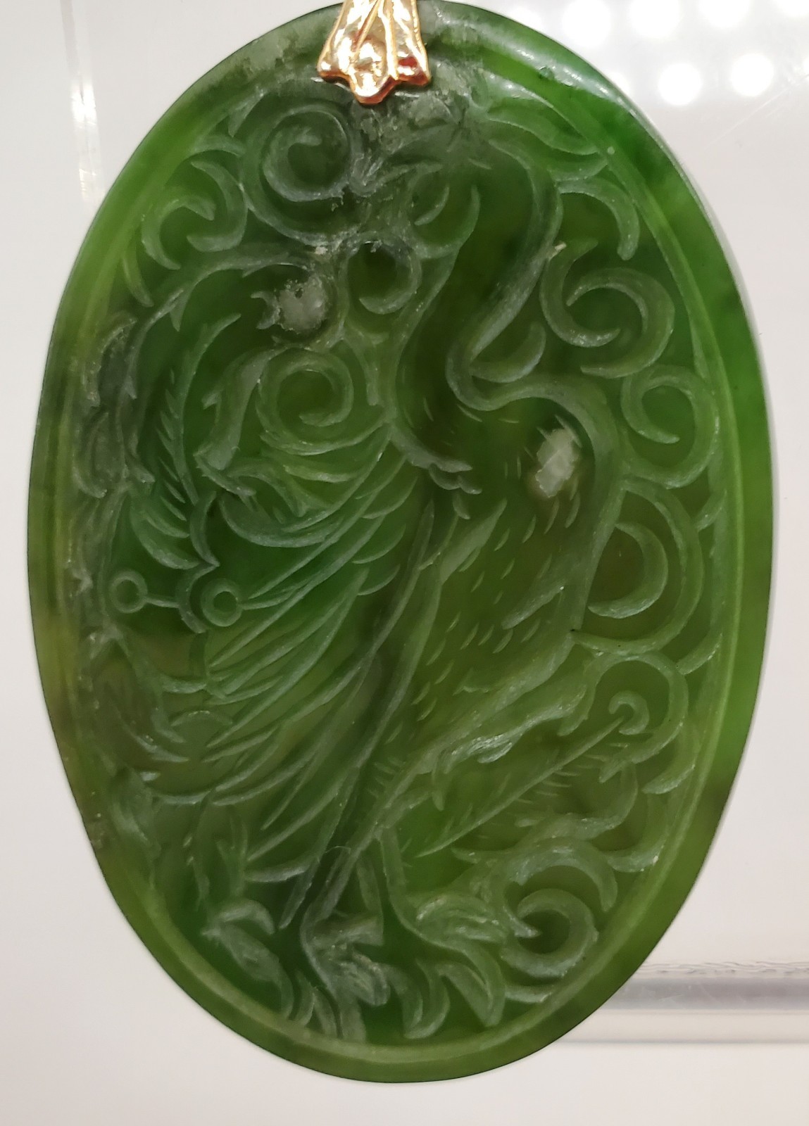 VTG 925 Spinach Jade Crane Dragon Pendant 24in Bead Necklace Carved Reversible