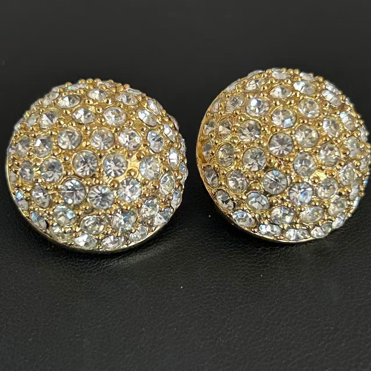 Vintage 1980s Gold Tone Pave Rhinestone Dome Clip On Earrings Snowball Statement
