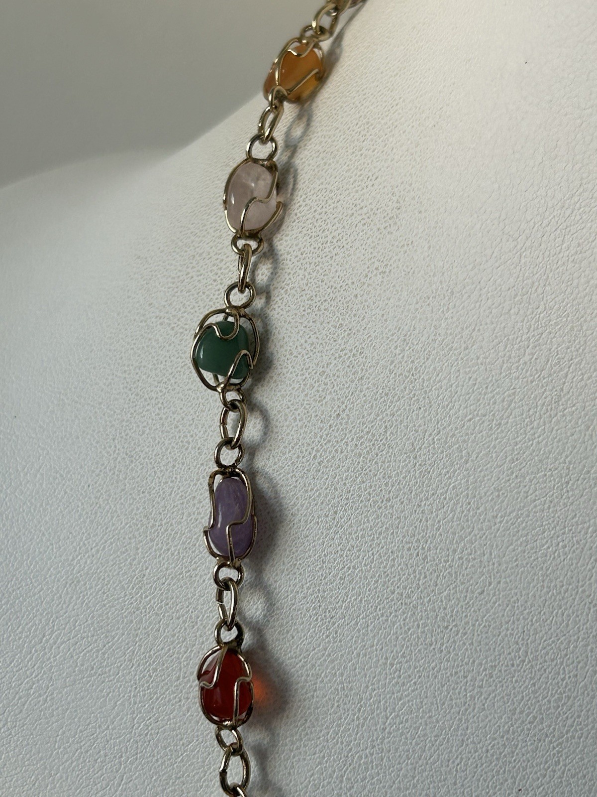 Vintage Multi Gemstone Station Necklace Wire Wrapped Gemstone Link Chain 22”